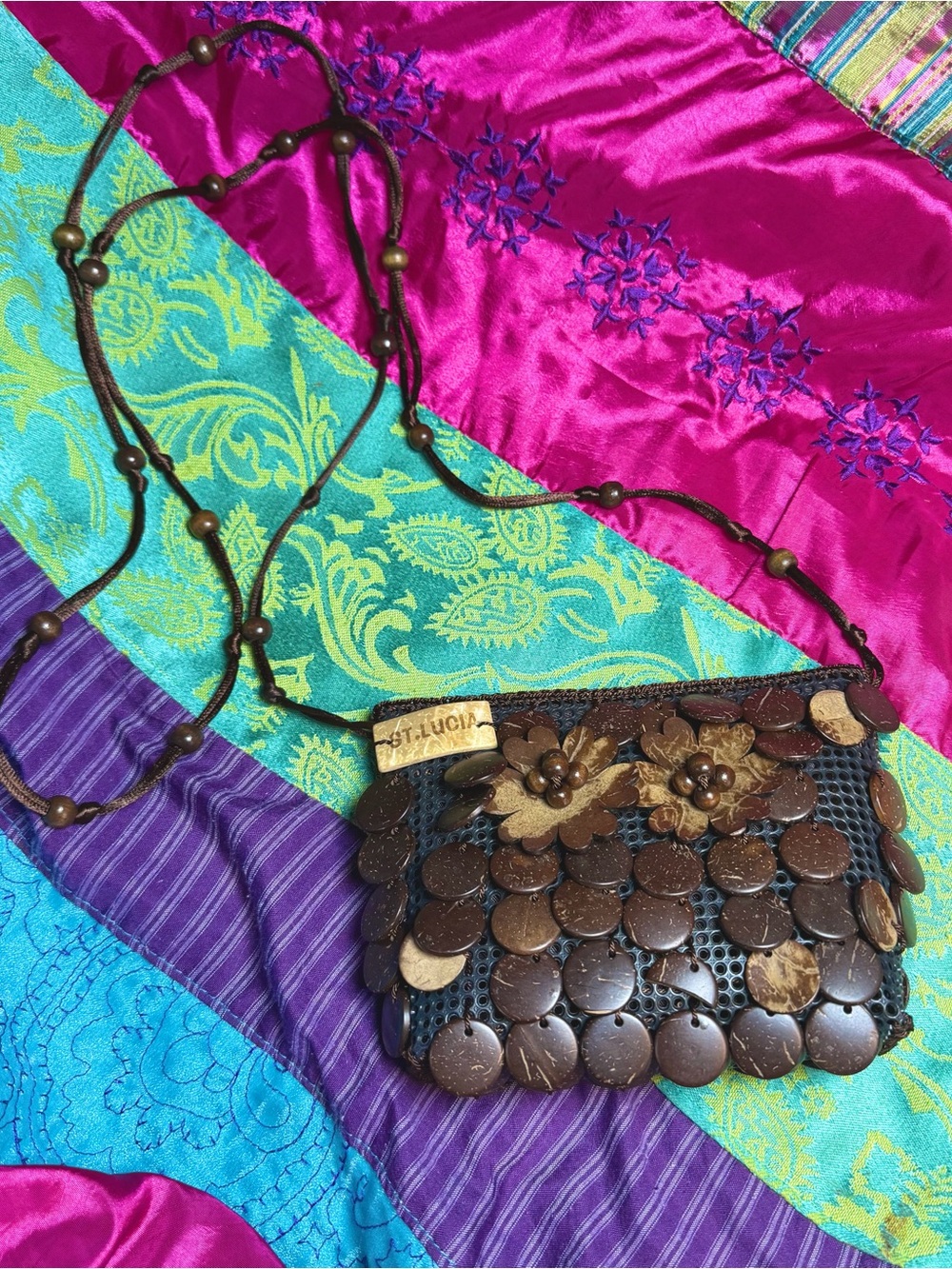 Vintage Handmade Beaded Coconut Shell Purse